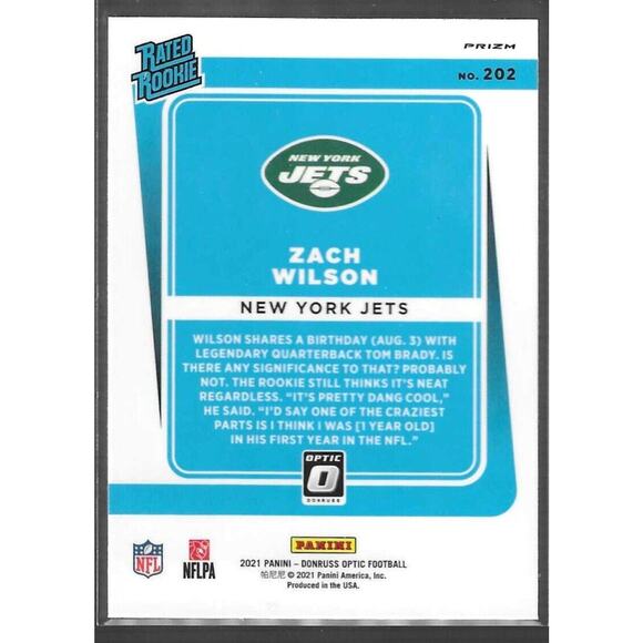 2021 Donruss Optic Holo Silver Prizm SP #202 Zach Wilson Rated Rookie RC JETS - Picture 2 of 2
